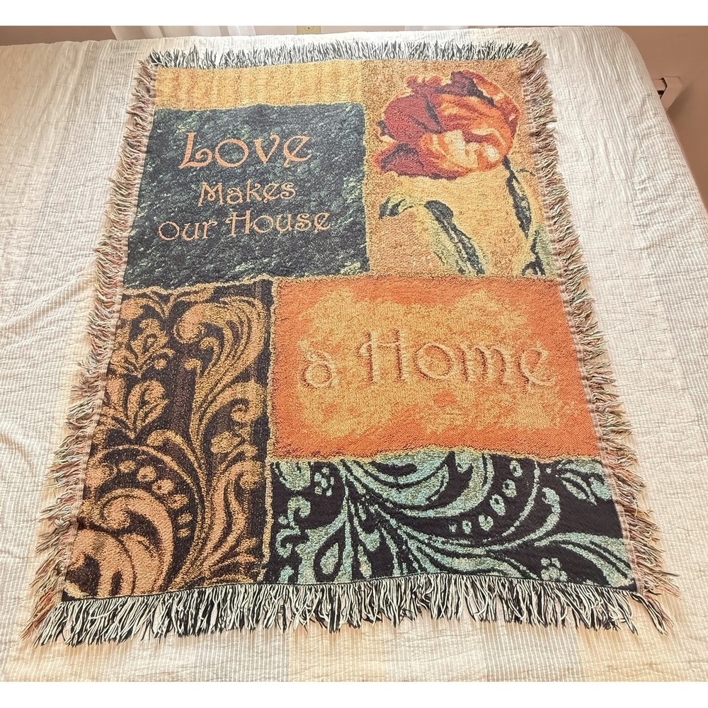 Y2K 90's Vintage "Love Makes A Home"  Tapestry Throw Blanket 100% Cotton 52x42